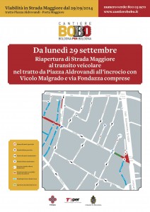 Strada Maggiore riaperta al traffico da Piazza Aldrovandi a Via Fondazza